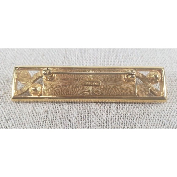 Brooch Pin - Signed Monet - Rectangle - Faux Pearls Rhinestones  Black Gold Tone - Picture 6 of 9